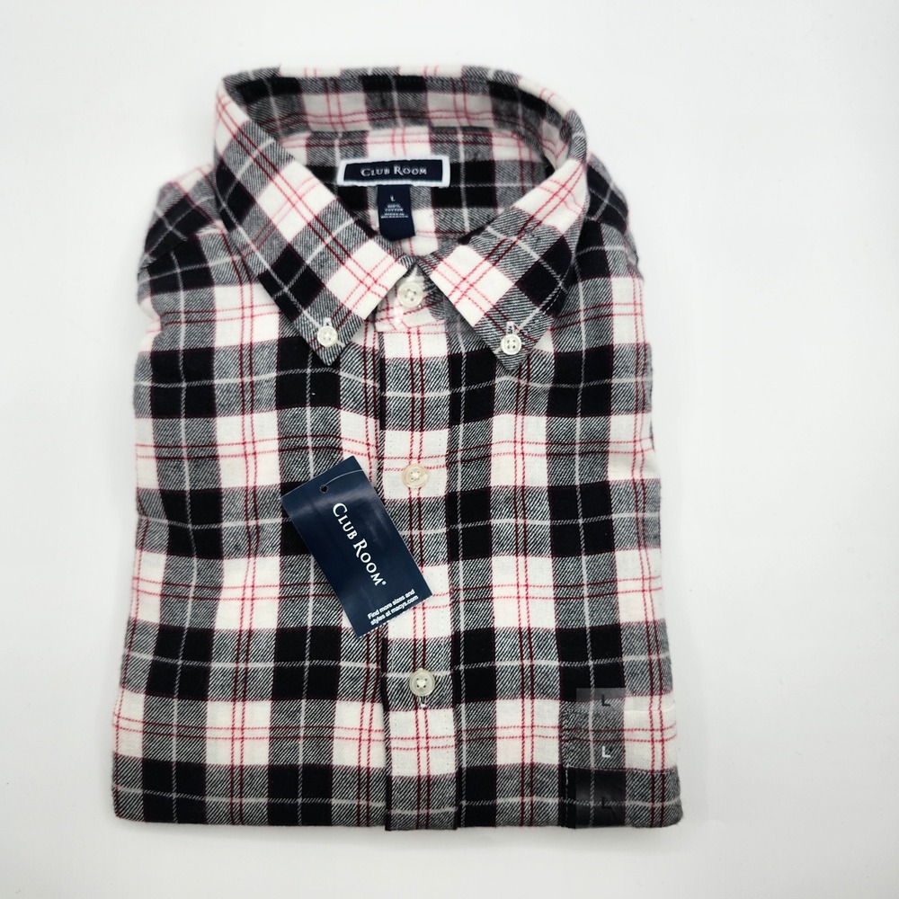 Club Room Mens Flannel Shirt Large Winter Ivory‎ Black Red Plaid 29165CRFLN